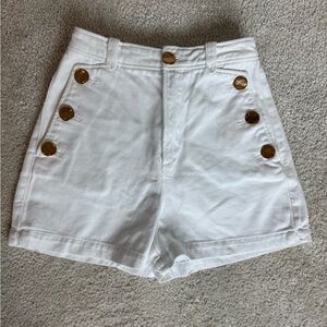 Zara White High-Waisted Shorts with Gold Buttons